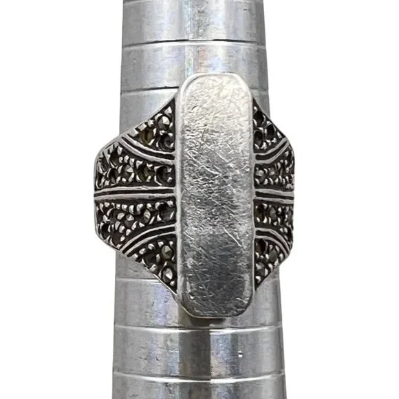 Vintage Sterling Silver Marcasite Signet Ring Size 7.75 925 Statement 6.99g LOOK - Picture 7 of 15